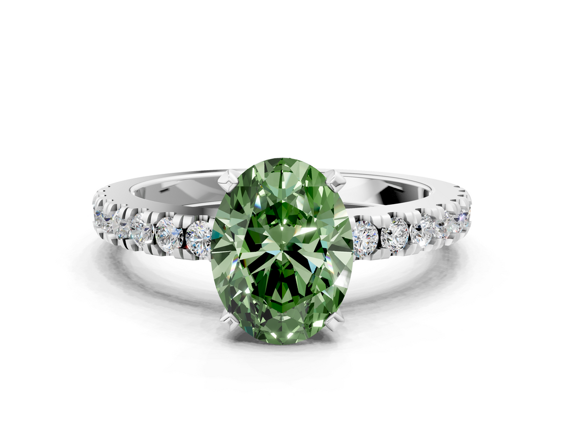 White gold Fancy Green Oval  Solitaire Diamond with Pavé Band and Four-Prong Setting_86