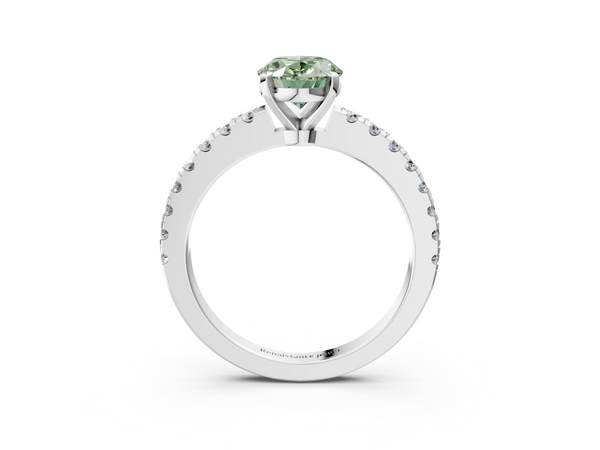 Platinum Fancy Green Oval  Solitaire Diamond with Pavé Band and Four-Prong Setting