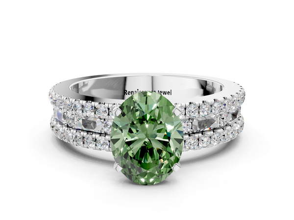 White gold Fancy Green Oval Cut Diamond Solitaire Ring with Pavé and Channel Set Band