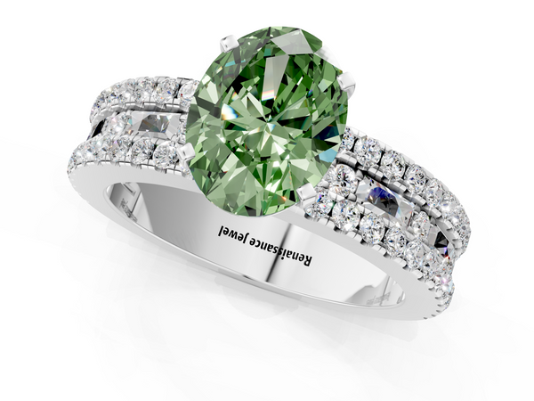 White gold Fancy Green Oval Cut Diamond Solitaire Ring with Pavé and Channel Set Band