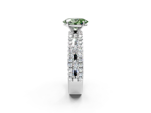 White gold Fancy Green Oval Cut Diamond Solitaire Ring with Pavé and Channel Set Band