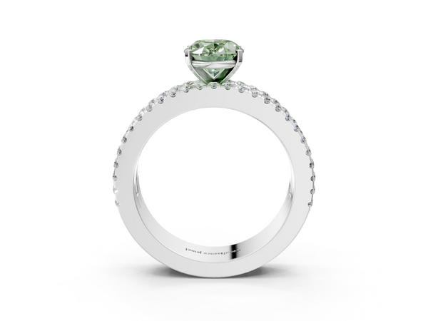 White gold Fancy Green Oval Cut Diamond Solitaire Ring with Pavé and Channel Set Band