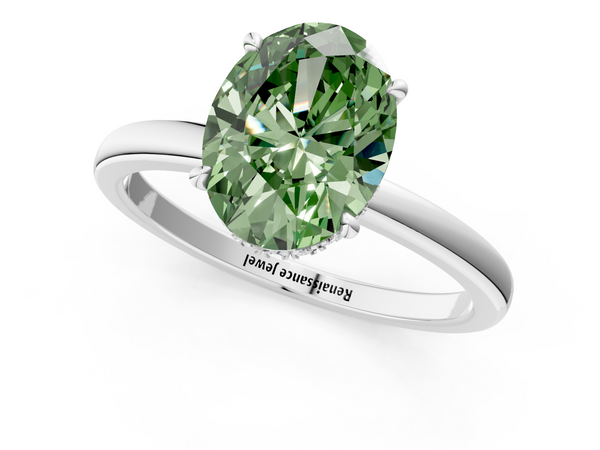 White gold Fancy Green Oval  Solitaire Engagement Ring with Cathedral Band and Four-Prong Setting