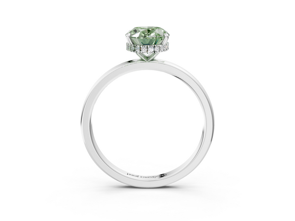 White gold Fancy Green Oval  Solitaire Engagement Ring with Cathedral Band and Four-Prong Setting