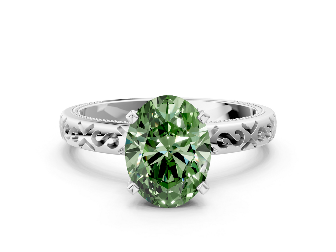 White gold Fancy Green Oval  Solitaire Engagement Ring with Scrollwork Band and Four-Prong Setting_206