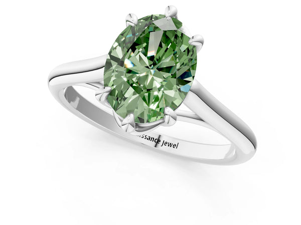 White gold Fancy Green Oval  Solitaire Engagement Ring with Six-Prong Setting and Classic Band