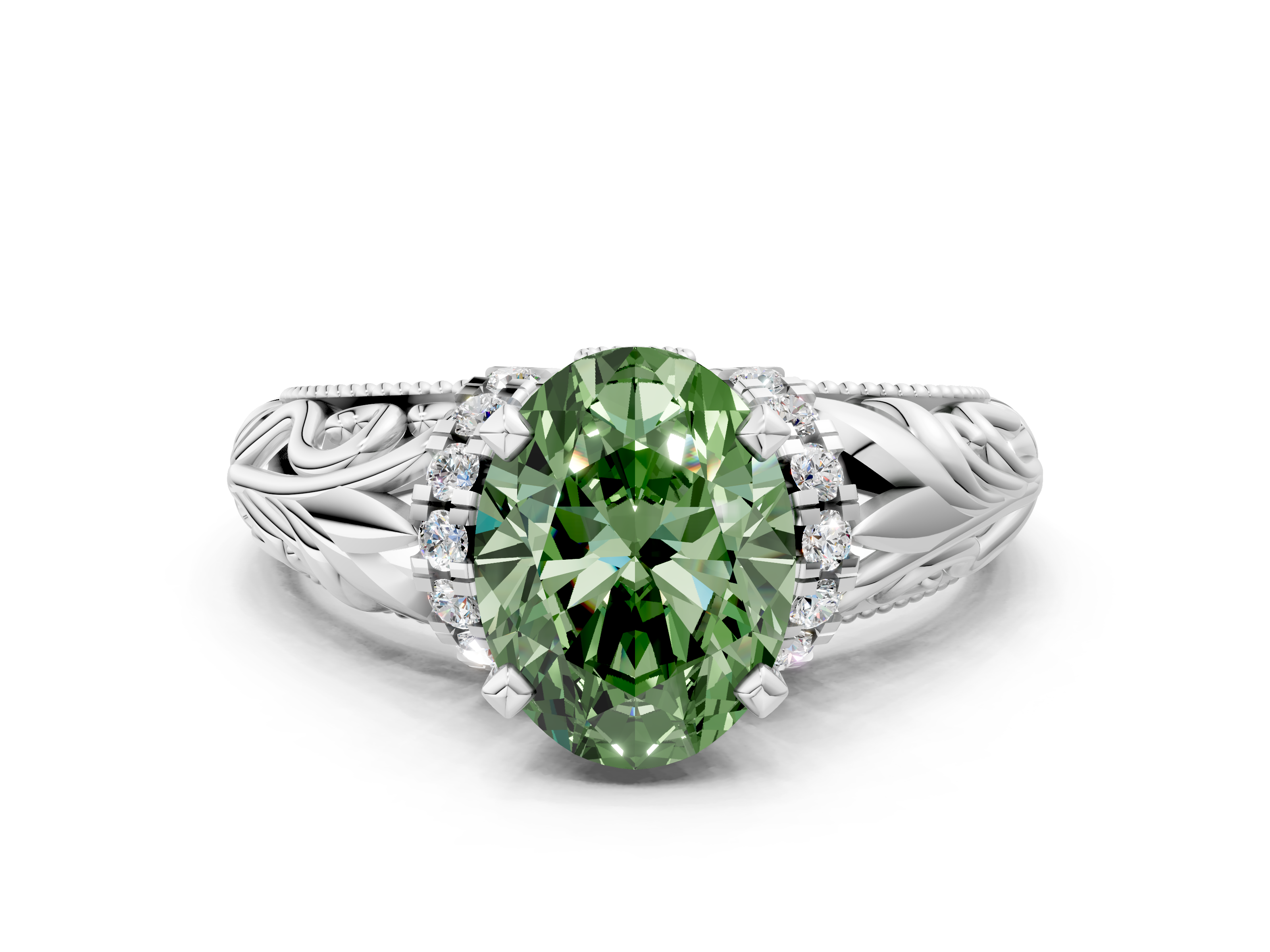 White gold Fancy Green Oval  Solitaire Filigree Engagement Ring with Halo and Prong Setting_61
