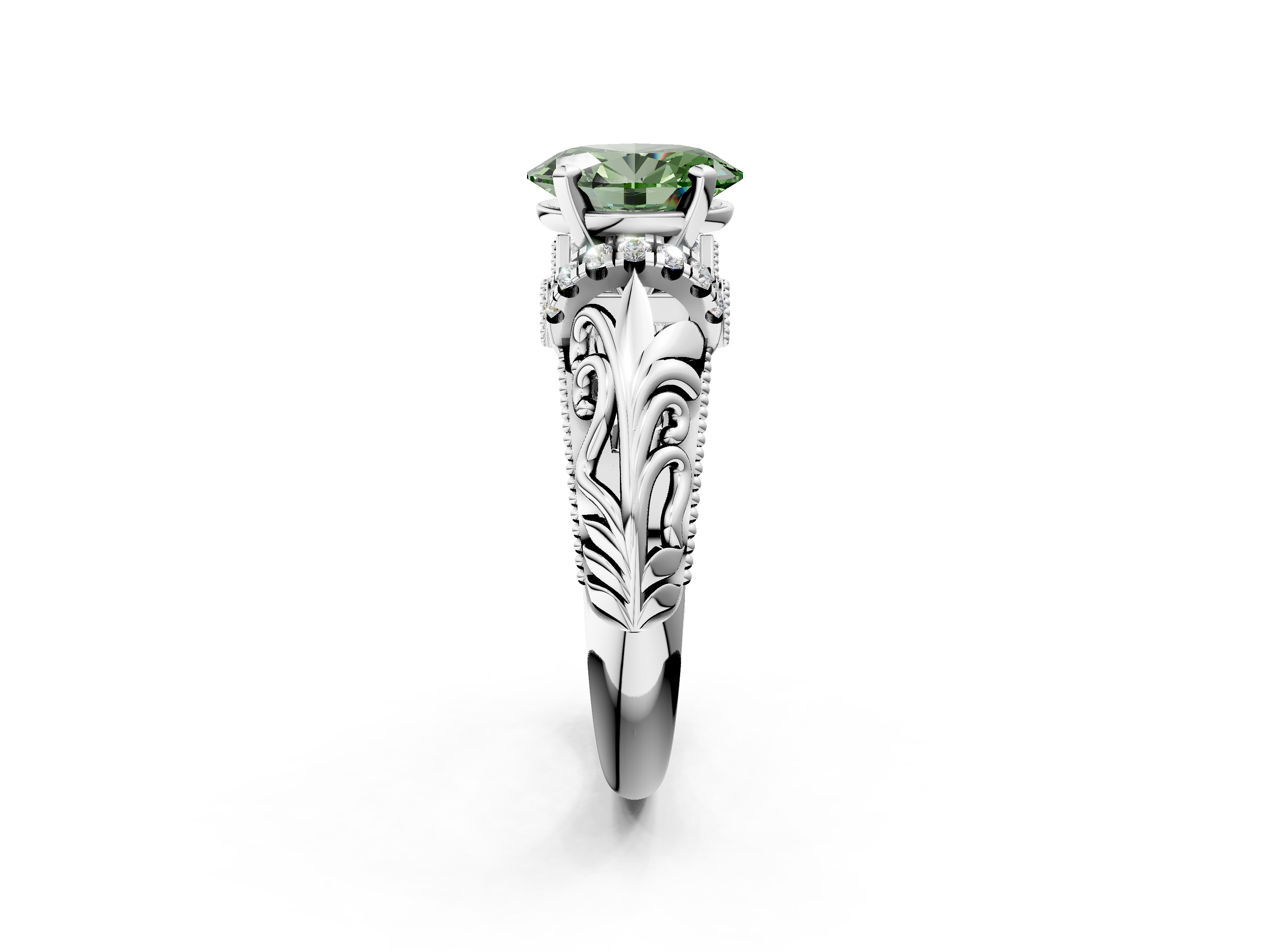 White gold Fancy Green Oval  Solitaire Filigree Engagement Ring with Halo and Prong Setting_63