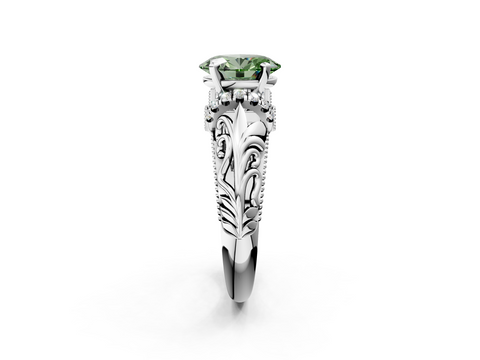 White gold Fancy Green Oval  Solitaire Filigree Engagement Ring with Halo and Prong Setting_63