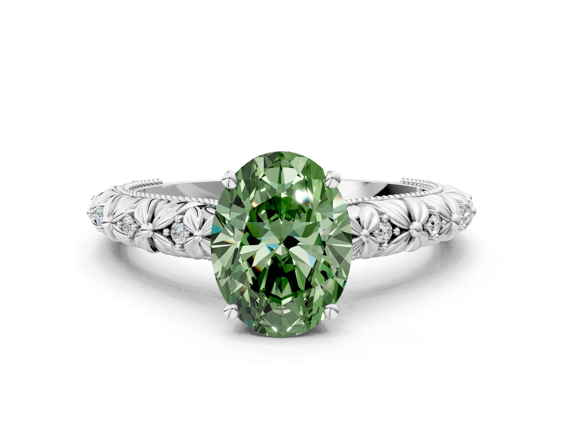 White gold Fancy Green Oval  Solitaire Floral Milgrain Engagement Ring_31