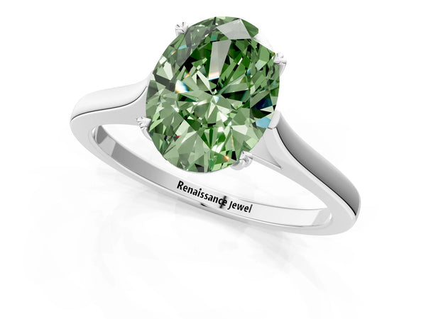 White gold Fancy Green Oval  Solitaire Heart Prong Engagement Ring with Tapered Band