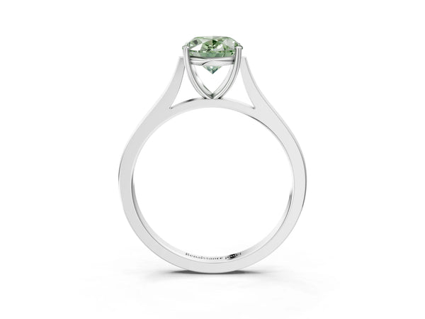 White gold Fancy Green Oval  Solitaire Heart Prong Engagement Ring with Tapered Band