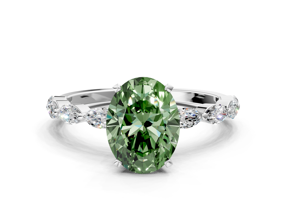 White gold Fancy Green Oval  Solitaire Marquise Side Stone Prong Setting Ring_56