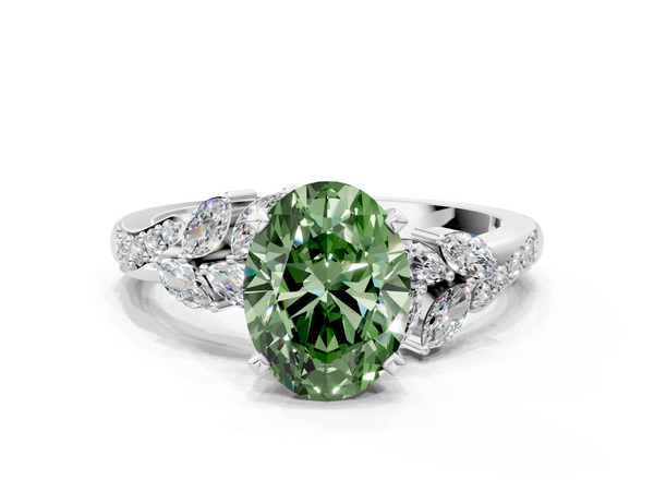 White gold Fancy Green Oval  Solitaire Marquise Twist Band with Six-Prong Setting