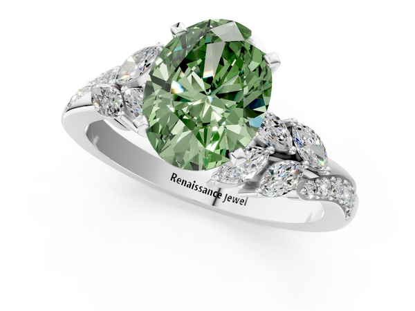 White gold Fancy Green Oval  Solitaire Marquise Twist Band with Six-Prong Setting