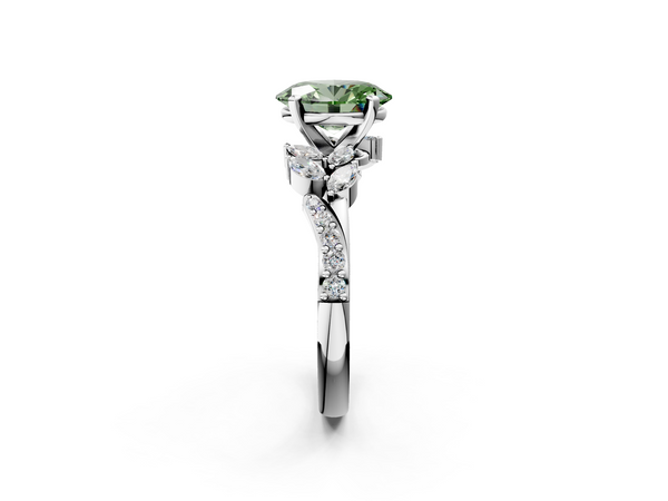 White gold Fancy Green Oval  Solitaire Marquise Twist Band with Six-Prong Setting