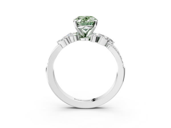 White gold Fancy Green Oval  Solitaire Marquise Twist Band with Six-Prong Setting