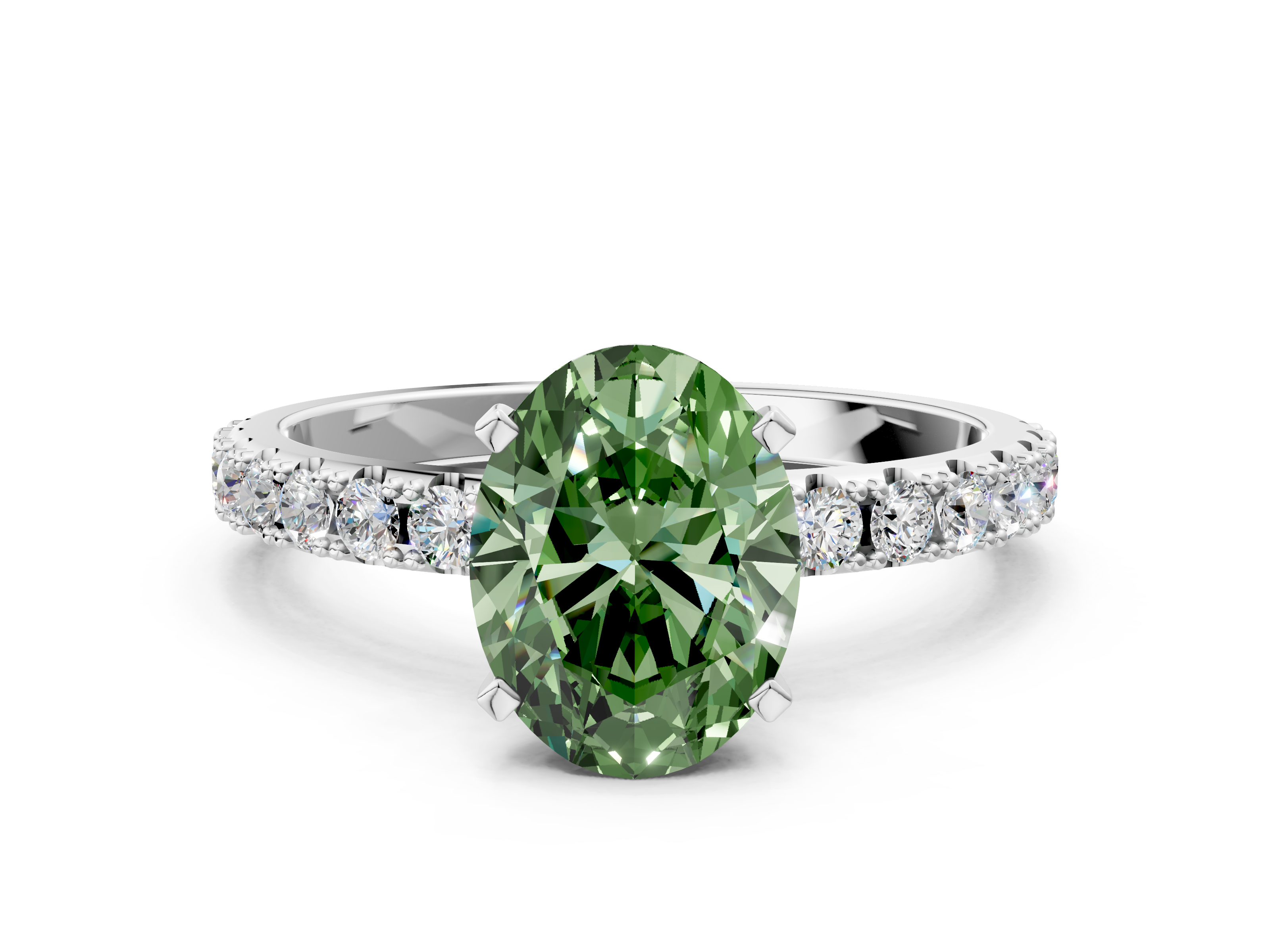 White gold Fancy Green Oval  Solitaire Pavé Band with Four-Prong Setting_153