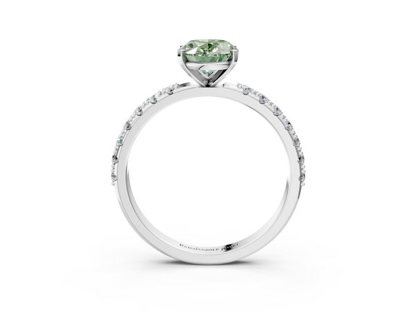 Platinum Fancy Green Oval Cut Diamond Solitaire Pavé Band with Four-Prong Setting