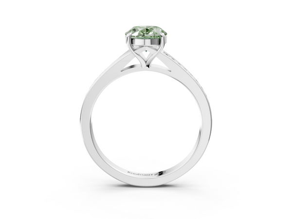 White gold Fancy Green Oval Cut Diamond Solitaire Ring with Pavé Band and Prong Setting