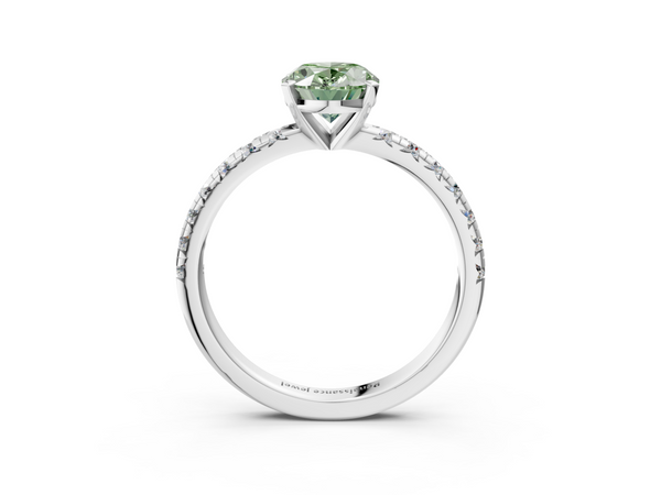 Platinum Fancy Green Oval  Solitaire Pave Diamond Engagement Ring with Four-Prong Setting