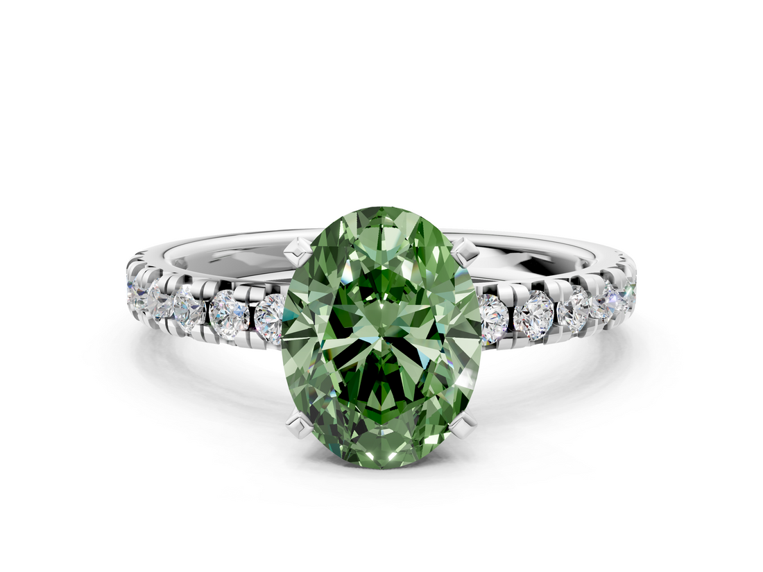 White gold Fancy Green Oval  Solitaire Pave Diamond Engagement Ring with Four-Prong Setting_330