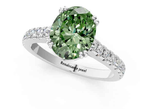 Platinum Fancy Green Oval  Solitaire Pave Diamond Engagement Ring with Prong Setting