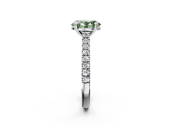 Platinum Fancy Green Oval  Solitaire Pave Diamond Engagement Ring with Prong Setting