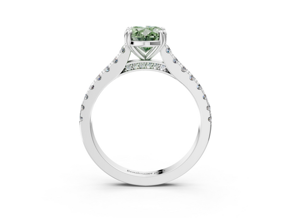 Platinum Fancy Green Oval  Solitaire Pave Diamond Engagement Ring with Prong Setting