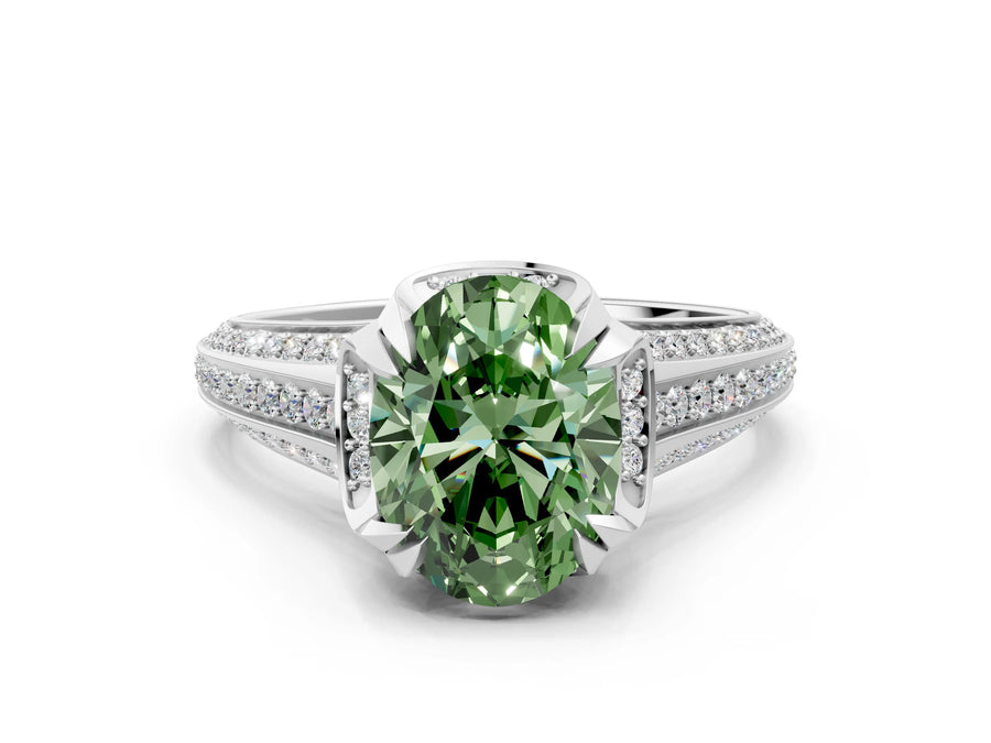 White gold Fancy Green Oval  Solitaire Pave Split Shank Ring with Four-Prong Setting