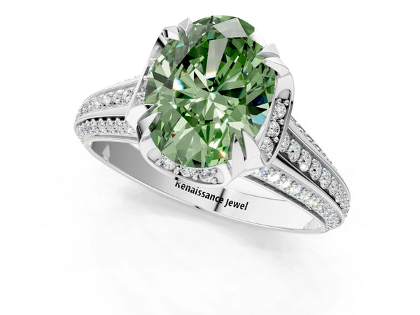 White gold Fancy Green Oval  Solitaire Pave Split Shank Ring with Four-Prong Setting