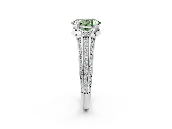 White gold Fancy Green Oval  Solitaire Pave Split Shank Ring with Four-Prong Setting