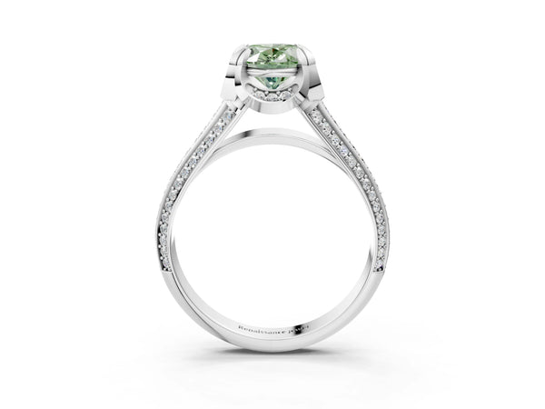 White gold Fancy Green Oval  Solitaire Pave Split Shank Ring with Four-Prong Setting