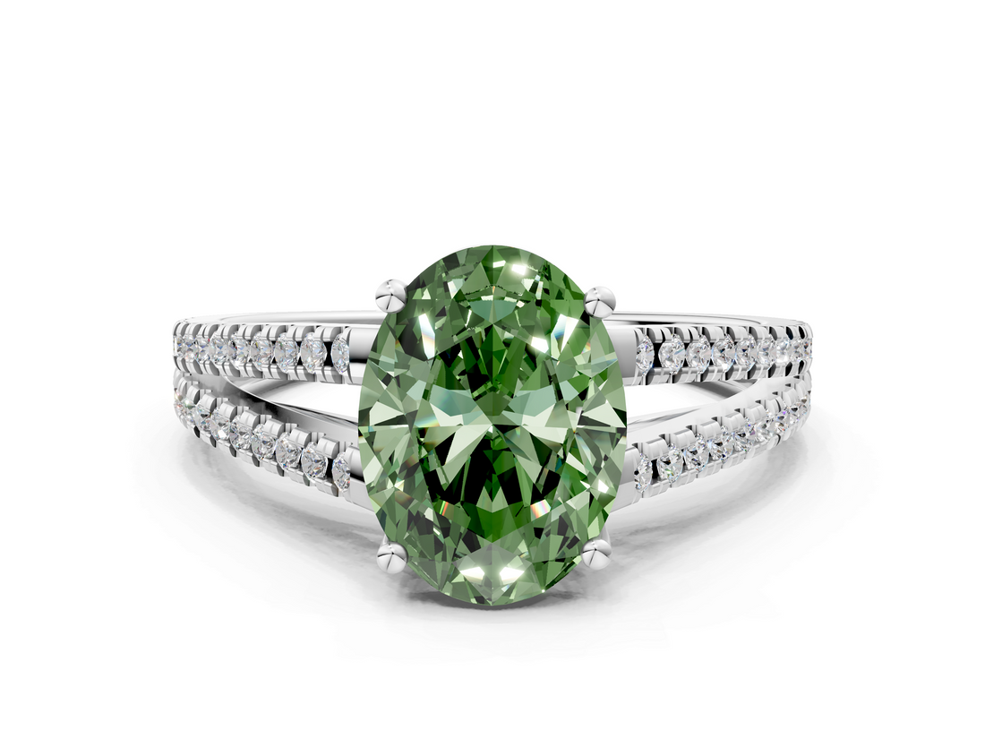 White gold Fancy Green Oval  Solitaire Split Shank Pavé Diamond Engagement Ring_405