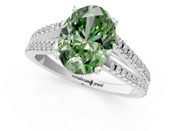 Platinum Fancy Green Oval Cut Diamond Solitaire Engagement Ring with Split Shank Pavé Band