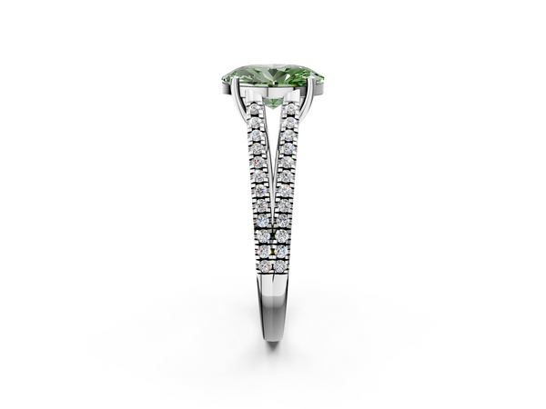 Platinum Fancy Green Oval Cut Diamond Solitaire Engagement Ring with Split Shank Pavé Band
