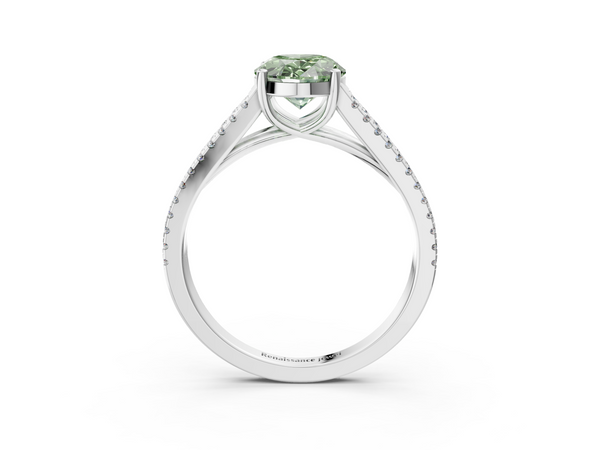 Platinum Fancy Green Oval Cut Diamond Solitaire Engagement Ring with Split Shank Pavé Band