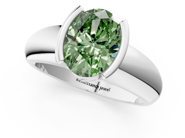 Platinum Fancy Green Oval  Solitaire Tension Set Diamond Ring with Wide Band