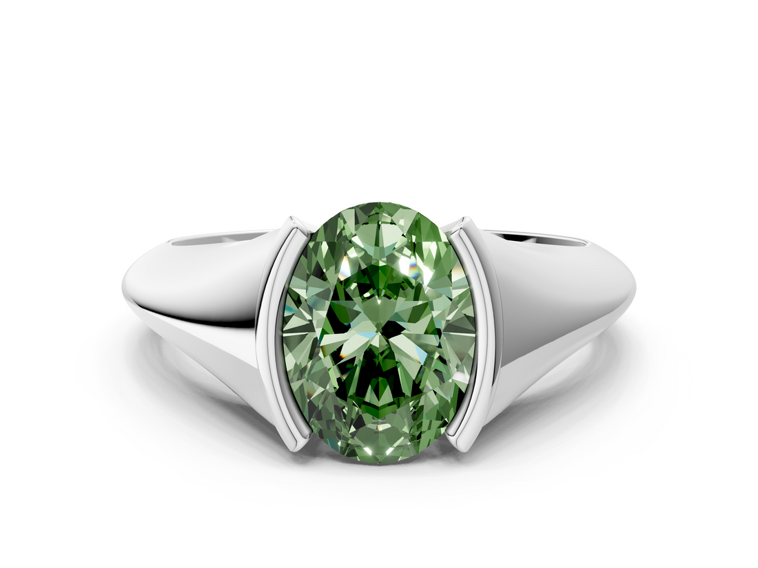 White gold Fancy Green Oval  Solitaire Tension Set Diamond Ring_20