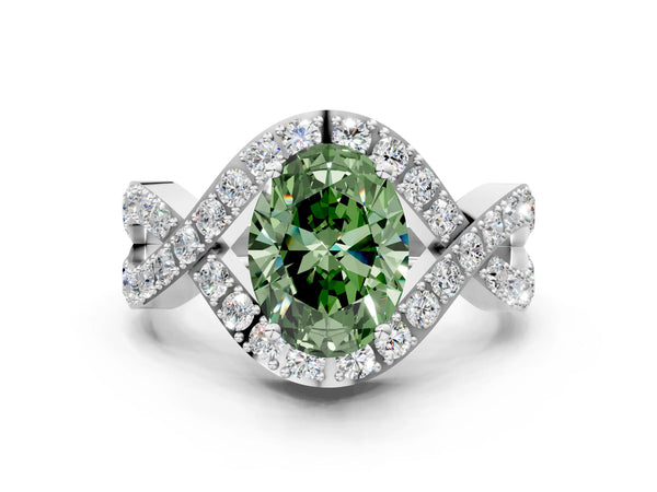 Platinum Fancy Green Oval  Solitaire Twist Band Pavé Diamond Engagement Ring