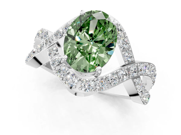 Platinum Fancy Green Oval  Solitaire Twist Band Pavé Diamond Engagement Ring