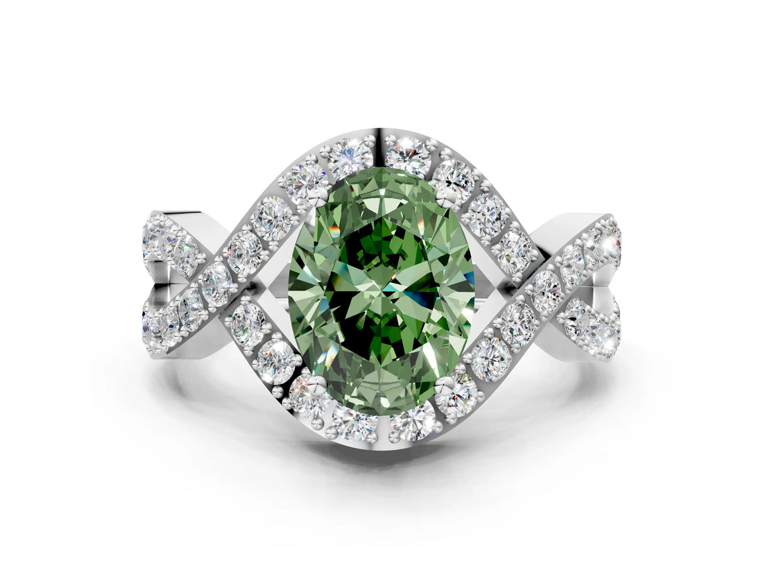 White gold Fancy Green Oval  Solitaire Twist Band Pavé Diamond Engagement Ring_32