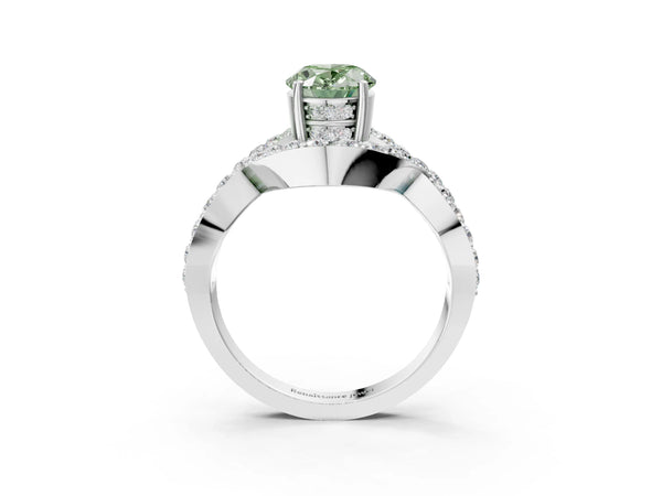 Platinum Fancy Green Oval  Solitaire Twist Band Pavé Diamond Engagement Ring