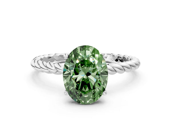 White gold Fancy Green Oval  Solitaire Twist Band Ring with Four-Prong Setting