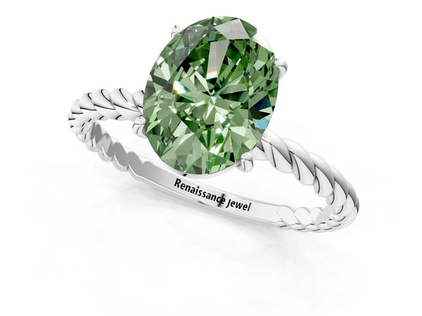 White gold Fancy Green Oval  Solitaire Twist Band Ring with Four-Prong Setting
