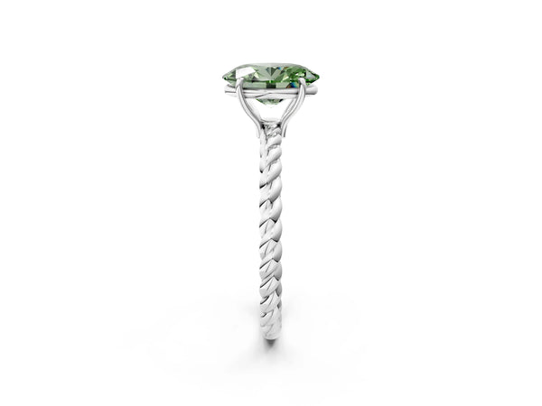 White gold Fancy Green Oval  Solitaire Twist Band Ring with Four-Prong Setting