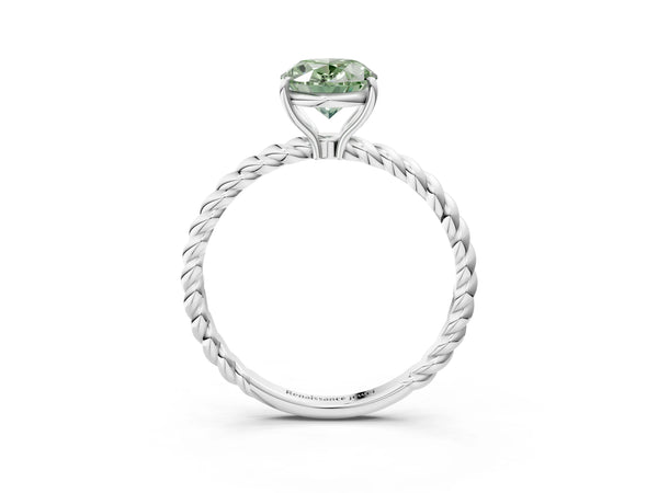 White gold Fancy Green Oval  Solitaire Twist Band Ring with Four-Prong Setting