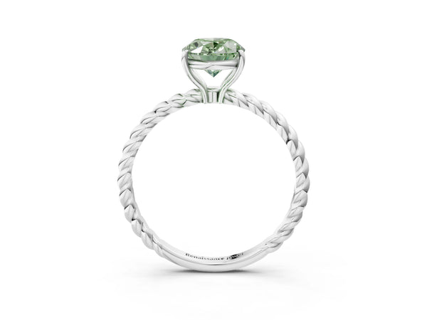 White gold Fancy Green Oval  Solitaire Twist Band Ring with Four-Prong Setting