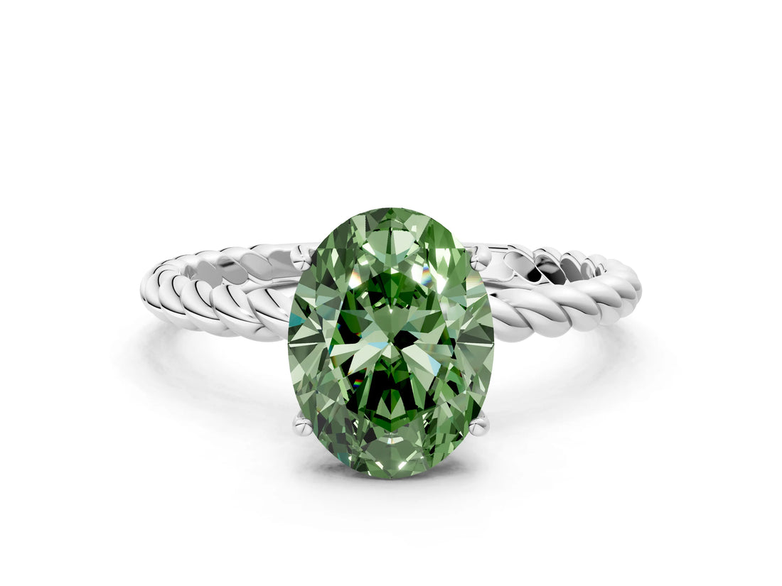White gold Fancy Green Oval  Solitaire Twist Band Ring with Four-Prong Setting_176