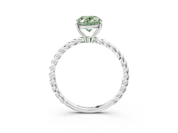White gold Fancy Green Oval  Solitaire Twist Band Ring with Four-Prong Setting